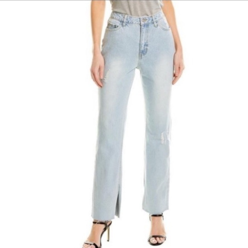 Avec Les Filles Jeans Light Wash Straight Leg High Waist Slit Hem Size 28